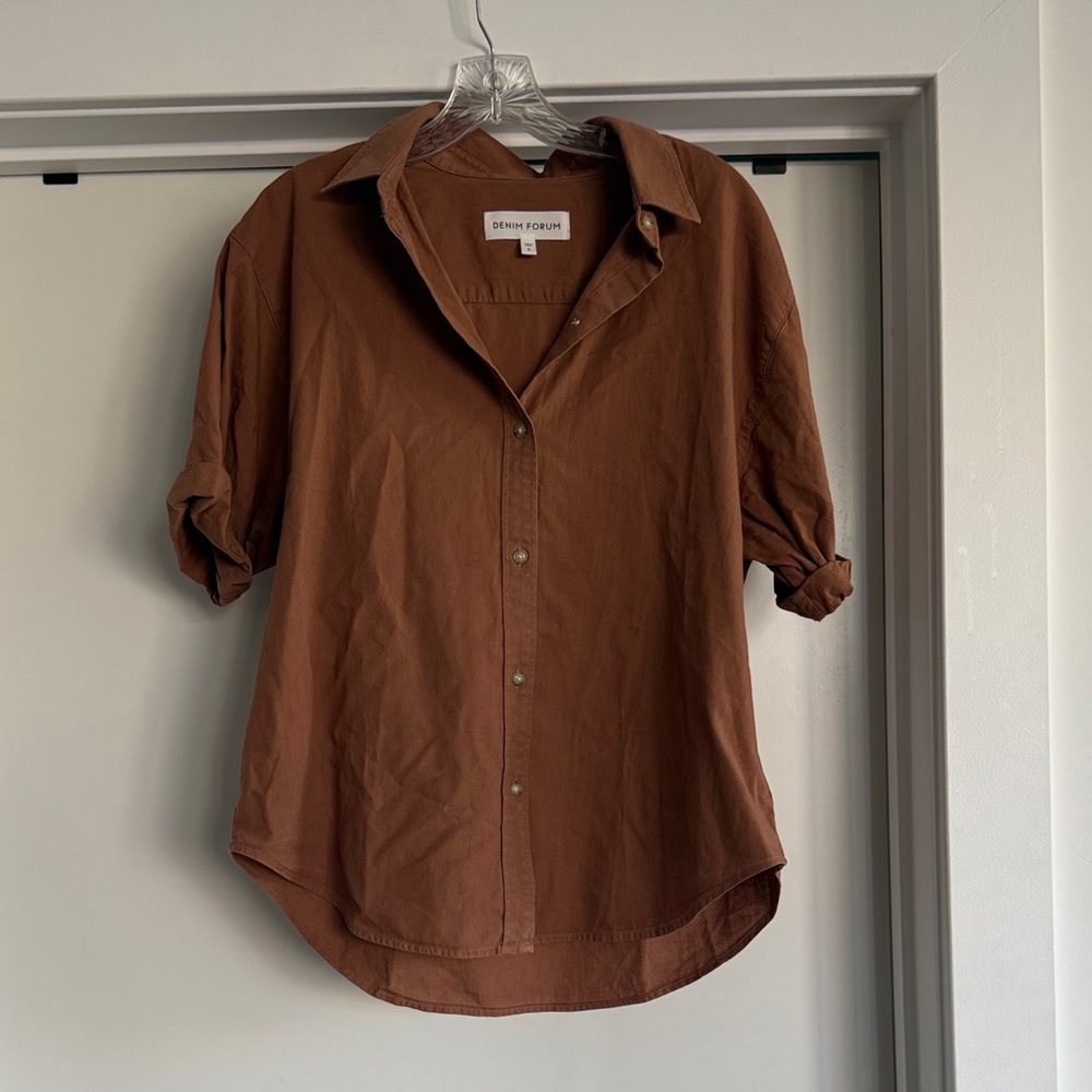 Denim Forum Cuffed Sleeve Button Up Shirt in Terracotta